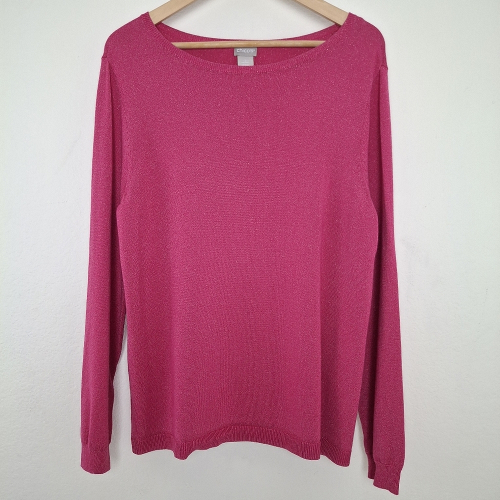 Chico's Pink Shimmer Longsleeve Boatneck Pull-over Lightweight Sweater